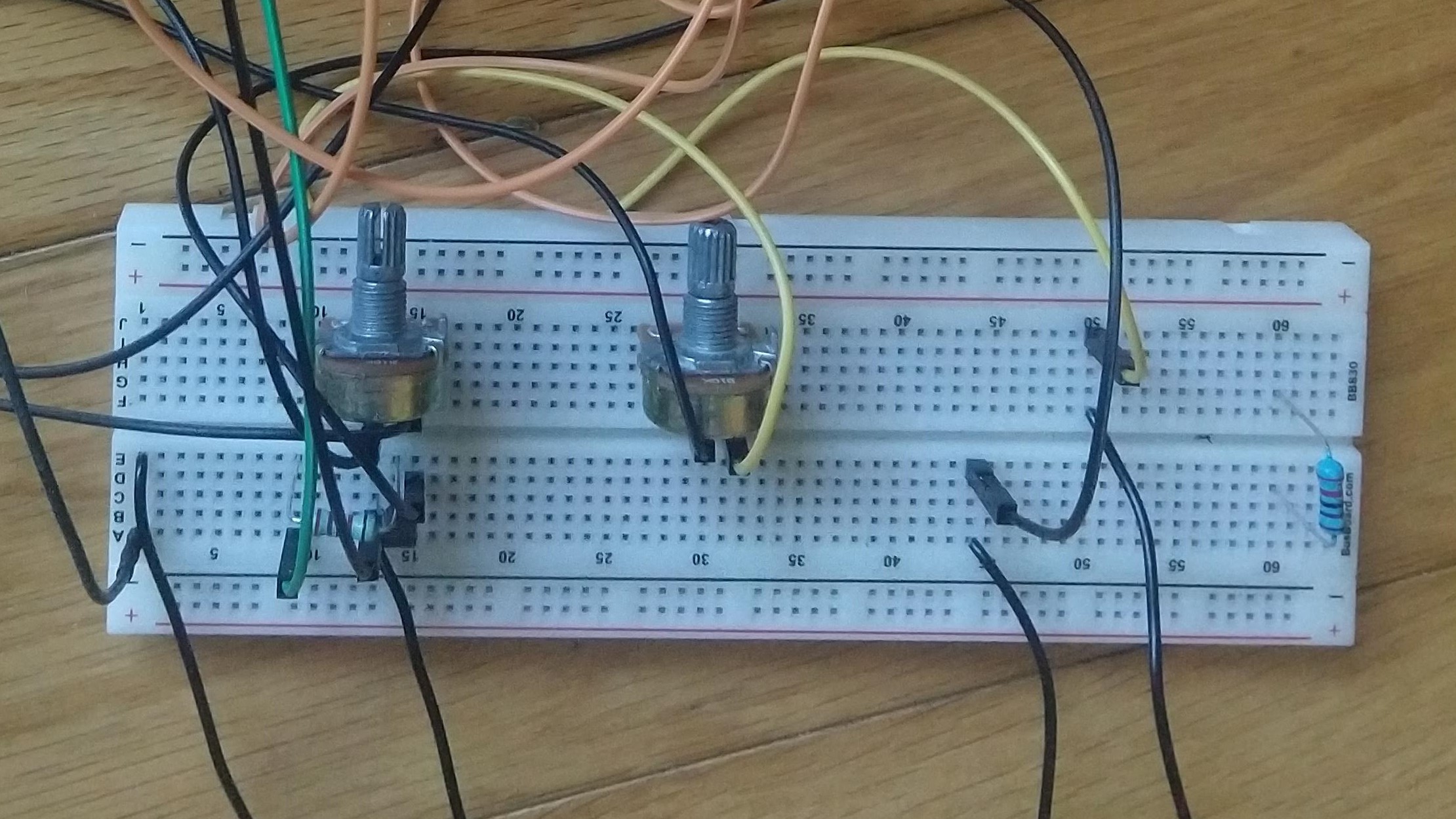 Breadboard with potentiometers.